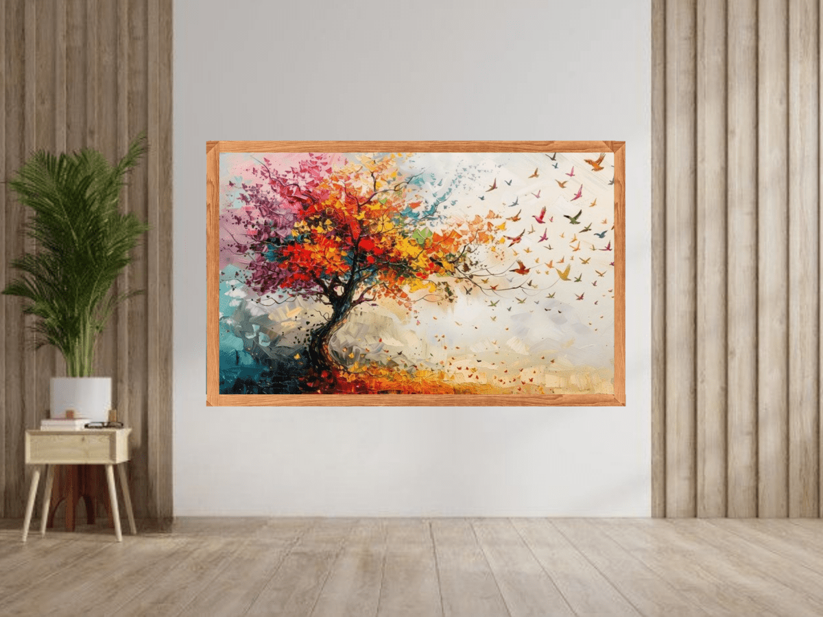 Colorful birds flying around tree canvas painting wall decor